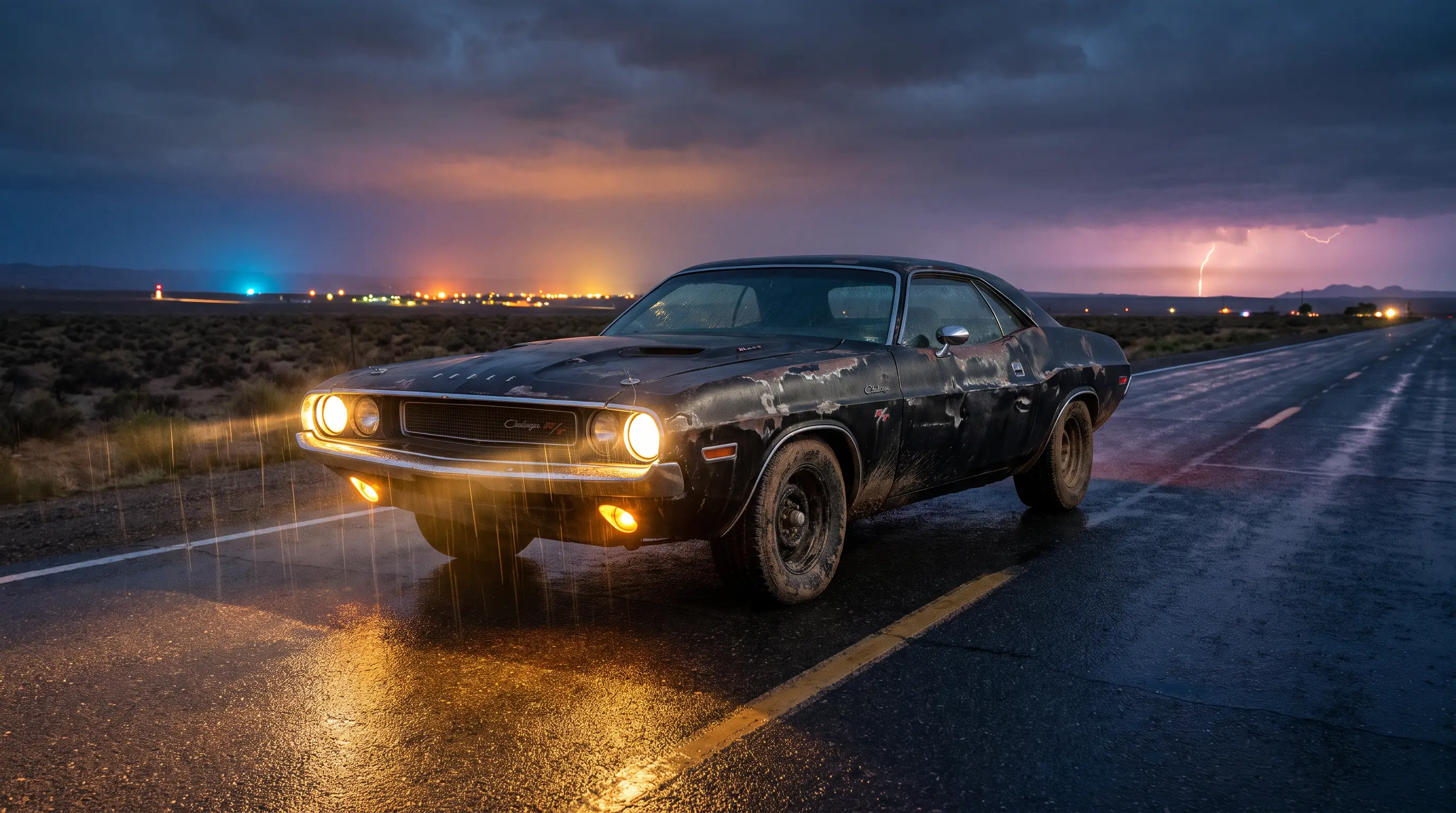 Battered black 1970 Dodge Challenger R/T on a rain slicked desert highway at night
