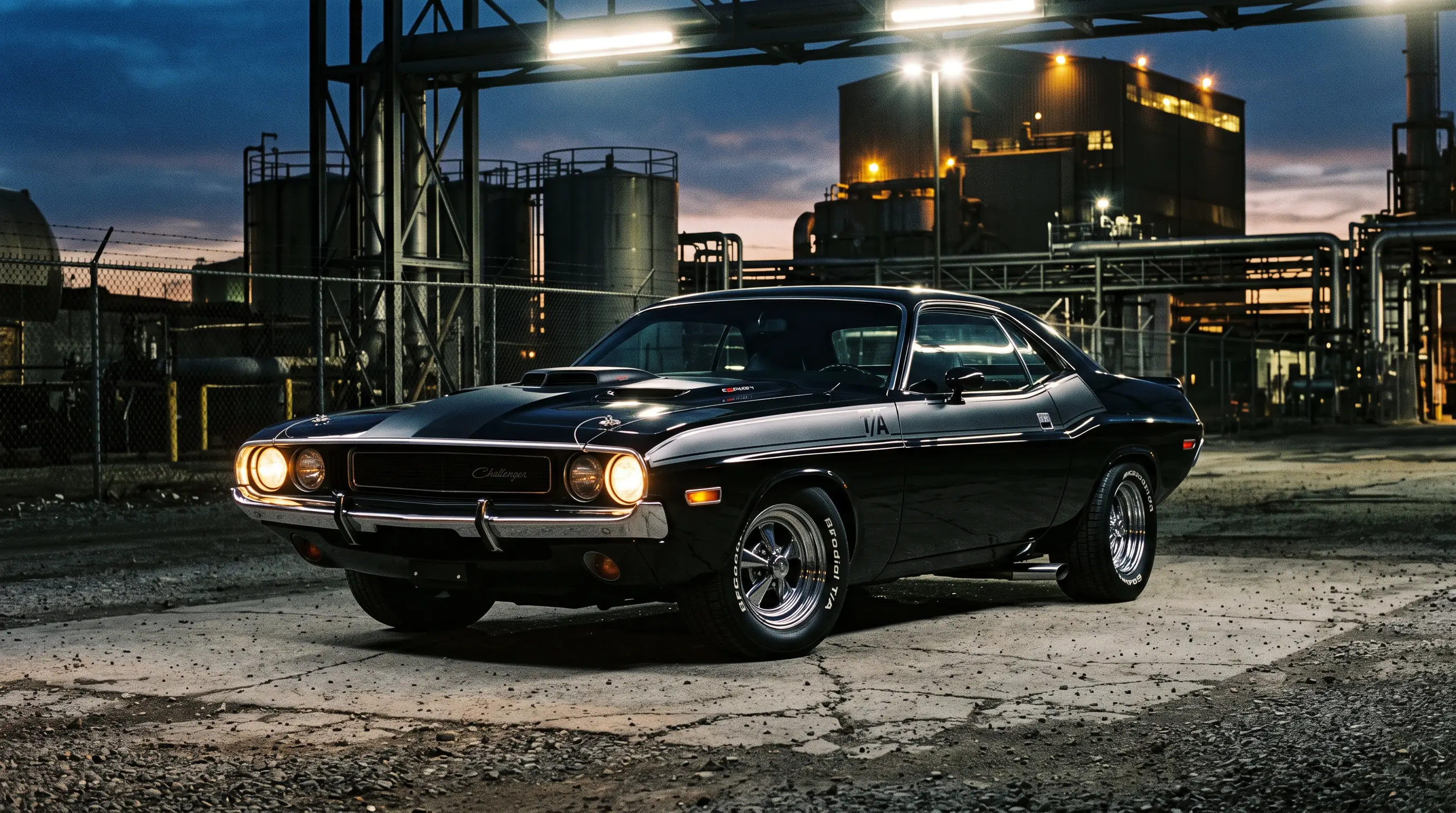 1970 Dodge Challenger E Body parked low and aggressive under industrial floodlights at dusk