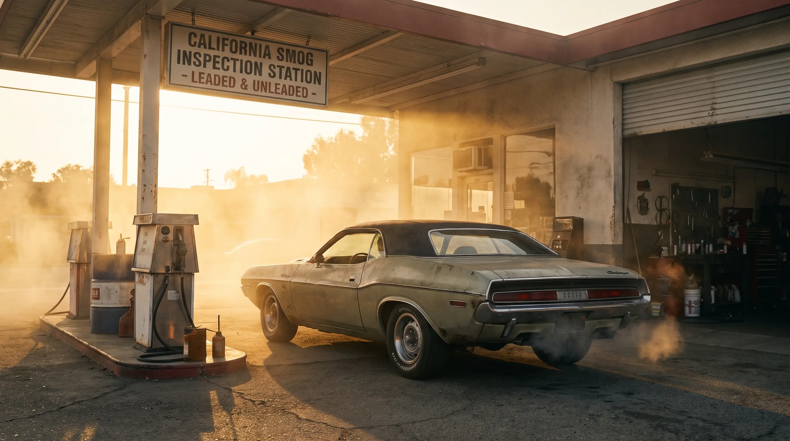 1972 Dodge Challenger at a hazy smog inspection era gas station
