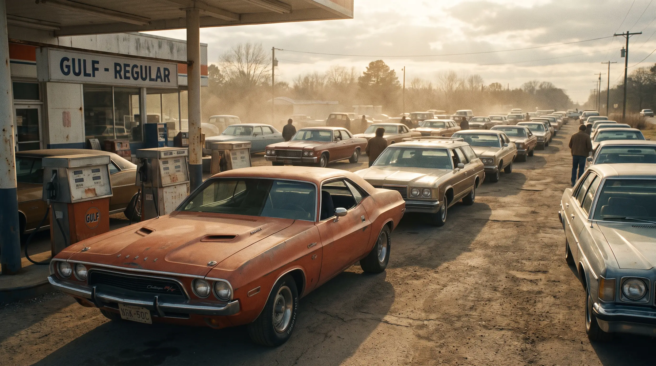 1973 Dodge Challenger at a vintage gas station with a long line of cars waiting