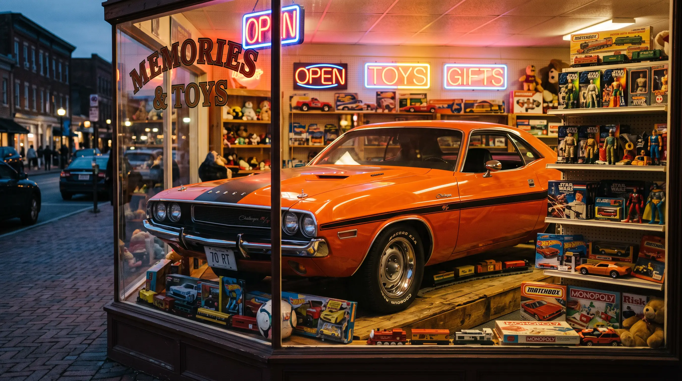 Orange 1970 Dodge Challenger in a retro toy store window at dusk with neon glow