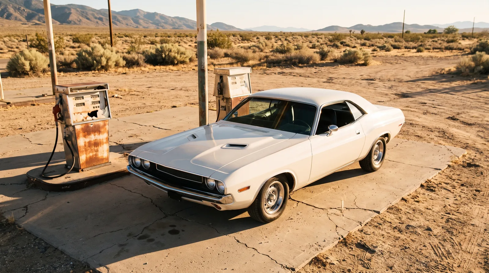 1970 Dodge Challenger R/T — white at a desert gas station