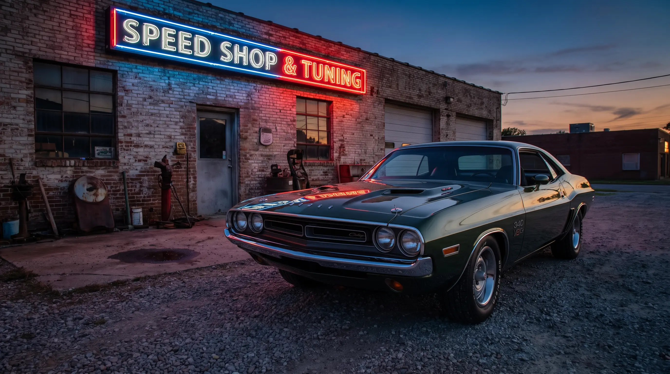 1972 Dodge Challenger parked outside a vintage speed shop at dusk