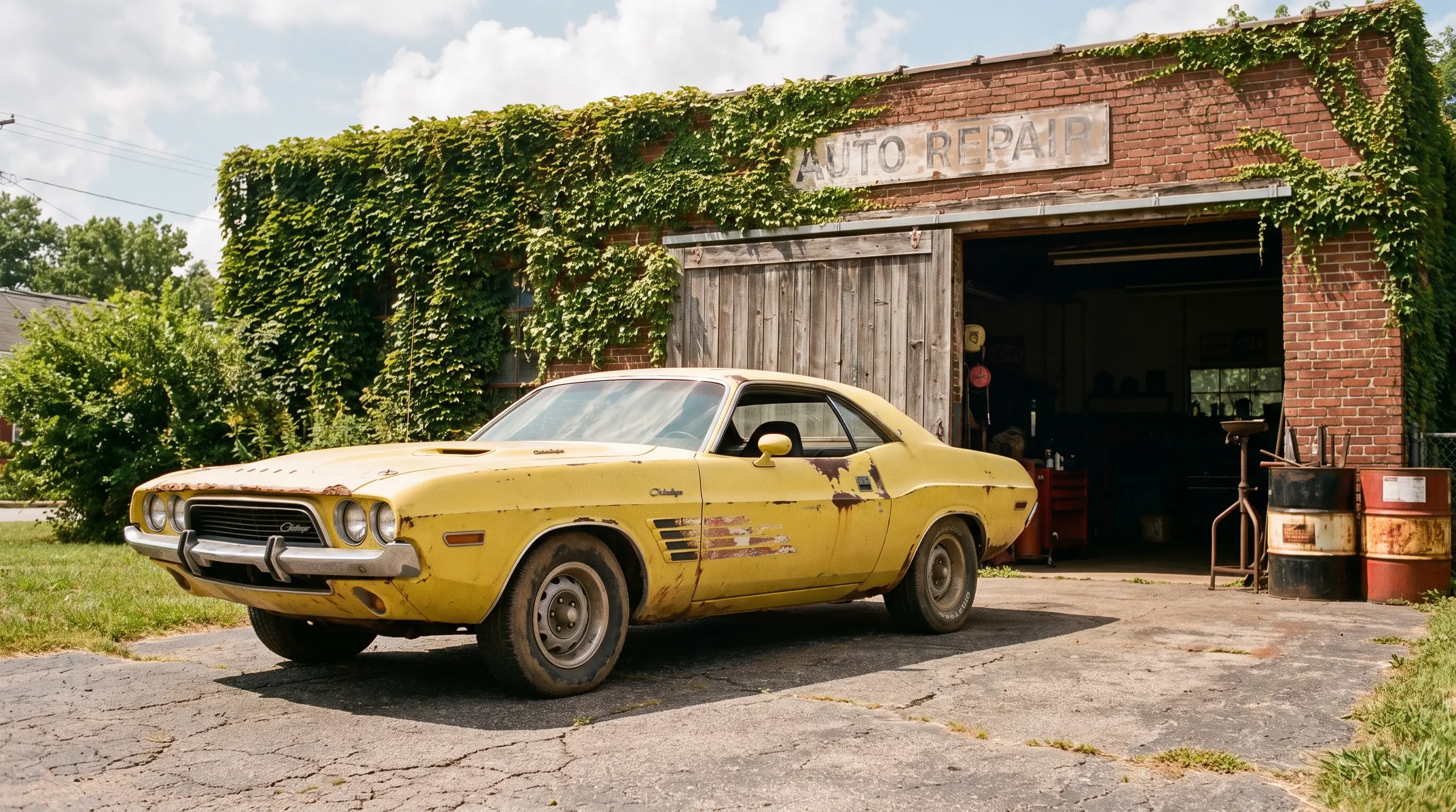 Yellow 1973 Dodge Challenger with honest patina outside an old brick garage