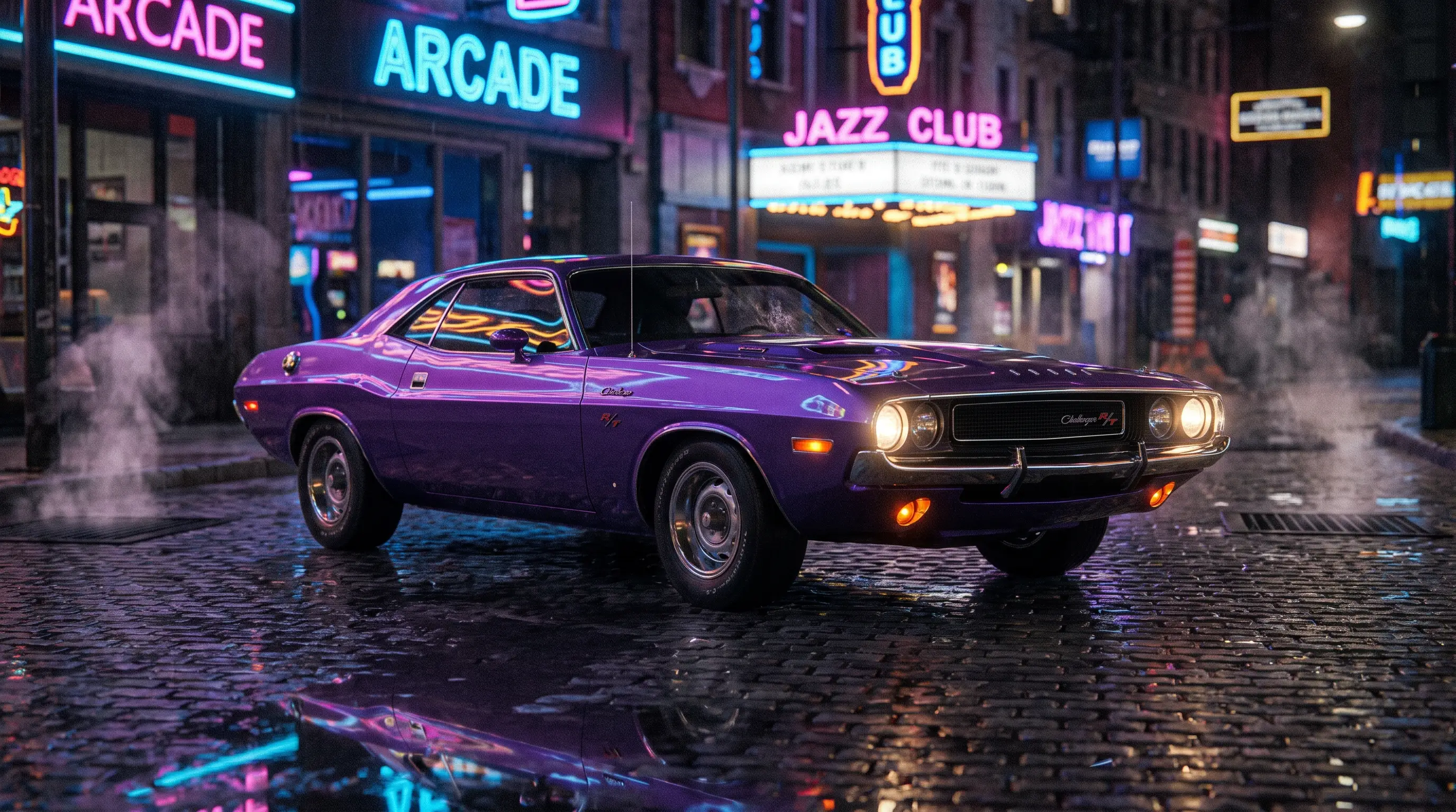 Purple 1970 Dodge Challenger on a neon lit rain slicked city street at night