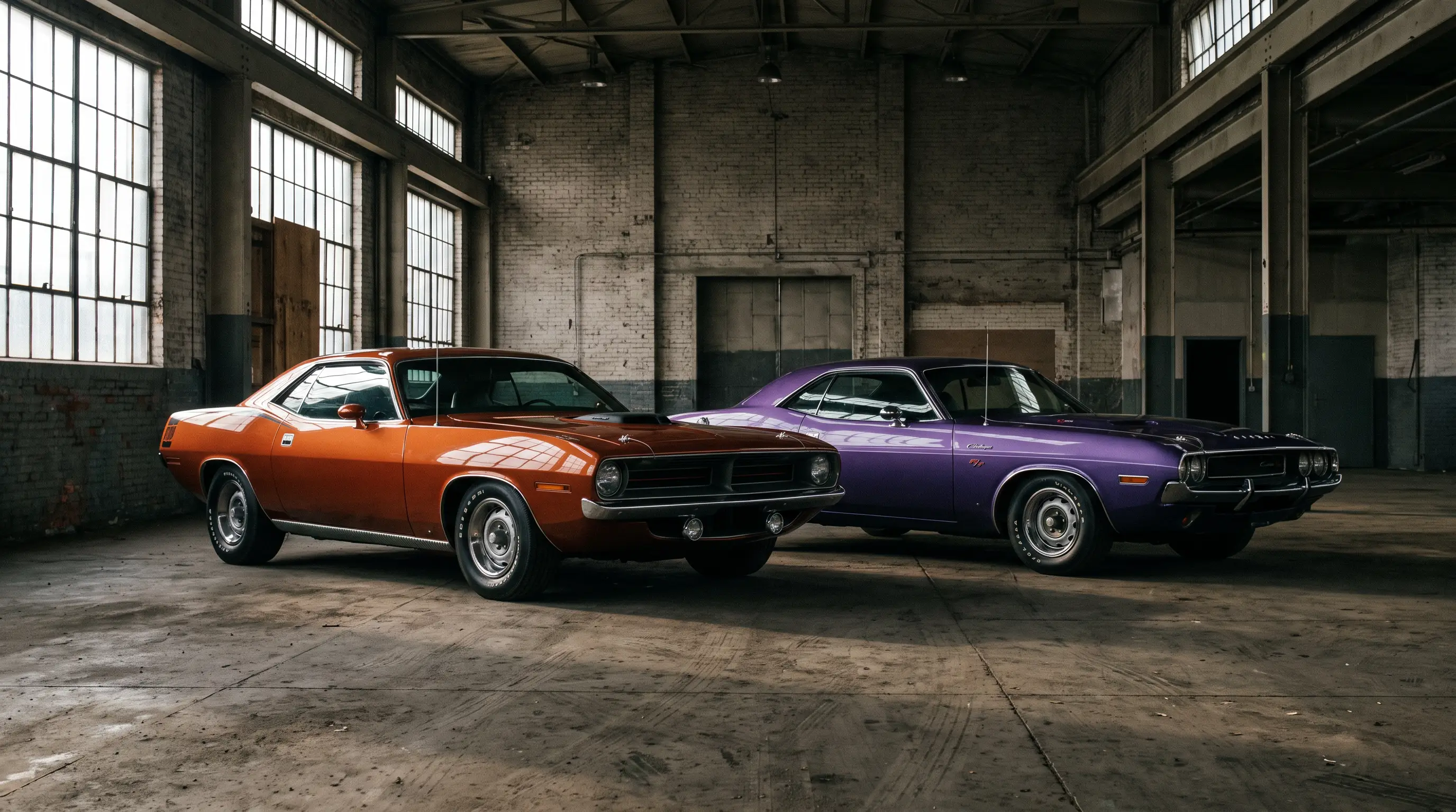 1970 Plymouth Barracuda parked beside a Dodge Challenger showing their shared E Body platform