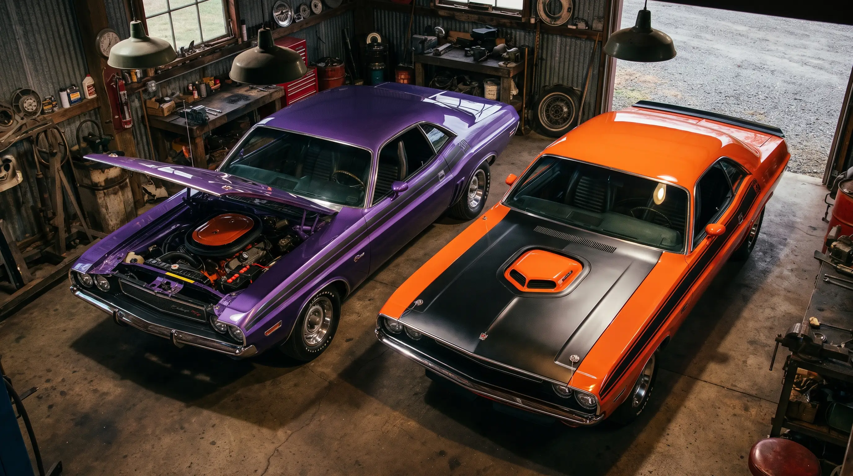 Challenger Rallye and Challenger R/T with big block hood scoop side by side