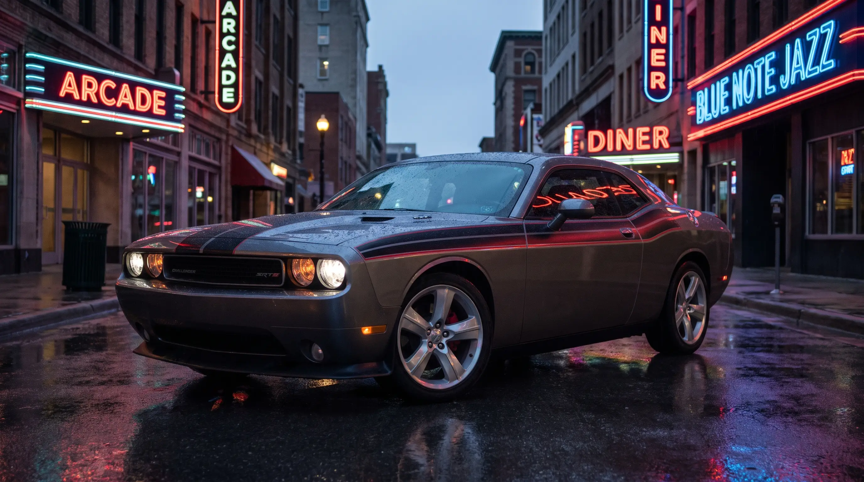 2008 Dodge Challenger SRT8 on a rain-slicked city street at dusk