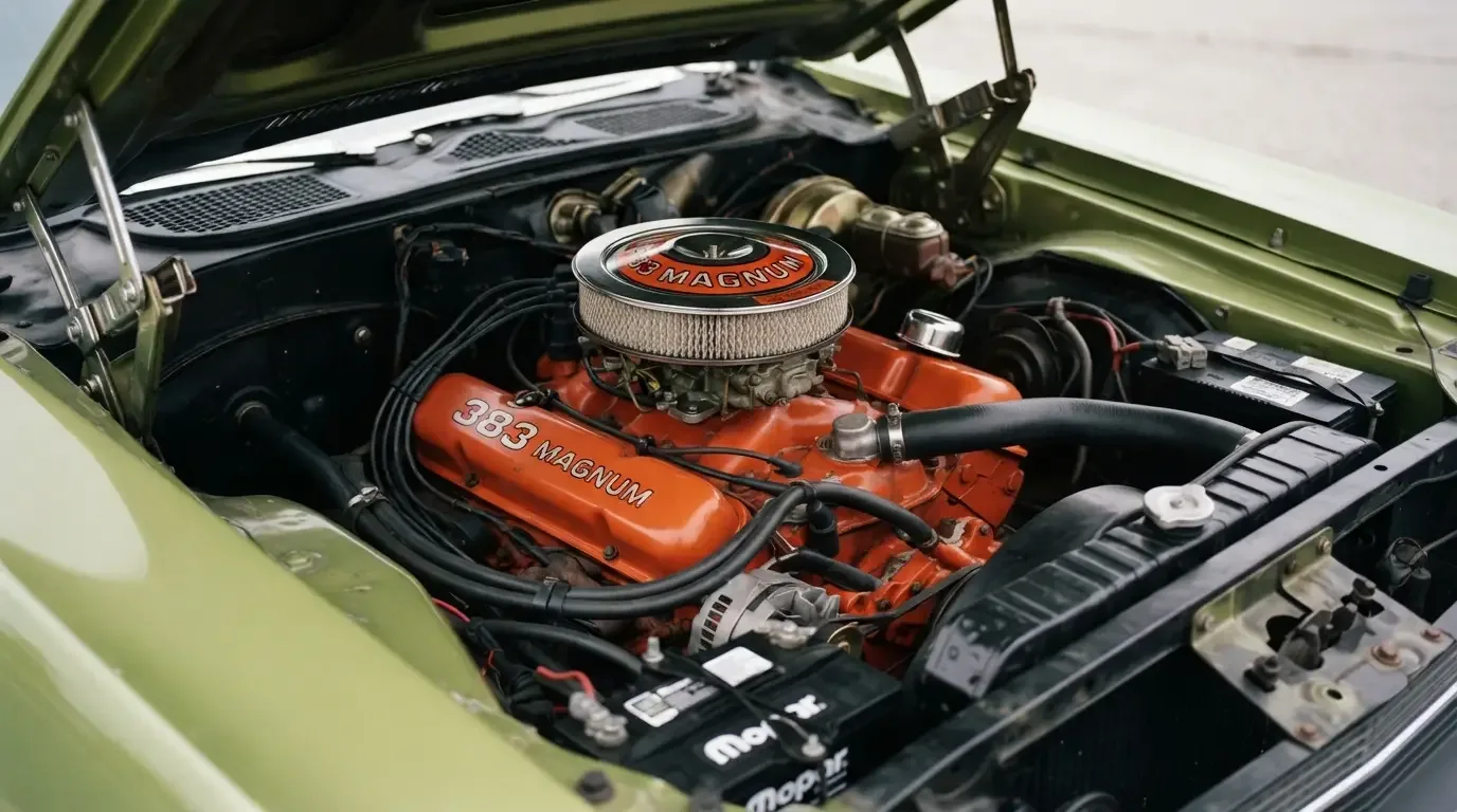 383 Magnum V8 engine bay close-up, 1970 Dodge Challenger R/T