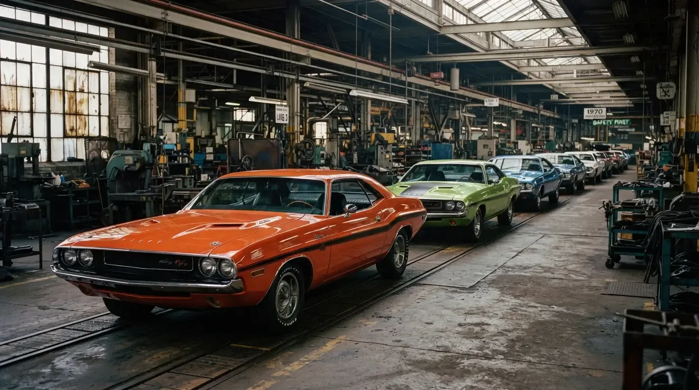 Row of 1970 Dodge Challenger R/T cars on a factory assembly line