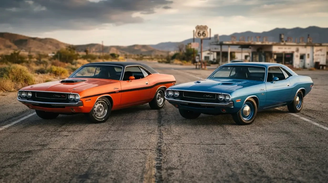 1970 Dodge Challenger R/T next to a base Challenger, front three-quarter view