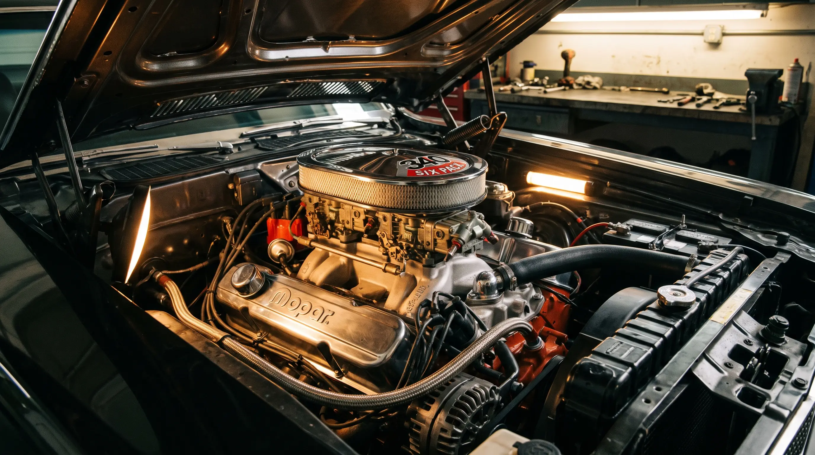 Six Pack 340 V8 engine bay of a Challenger T/A with triple carburetors and chrome air cleaner