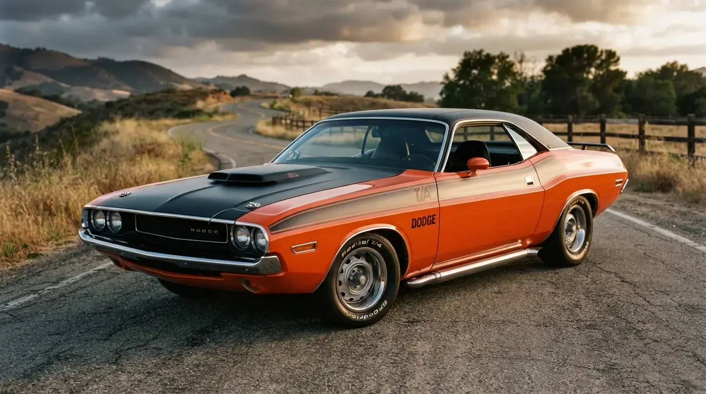 1970 Dodge Challenger T/A with matte black hood and race stripes