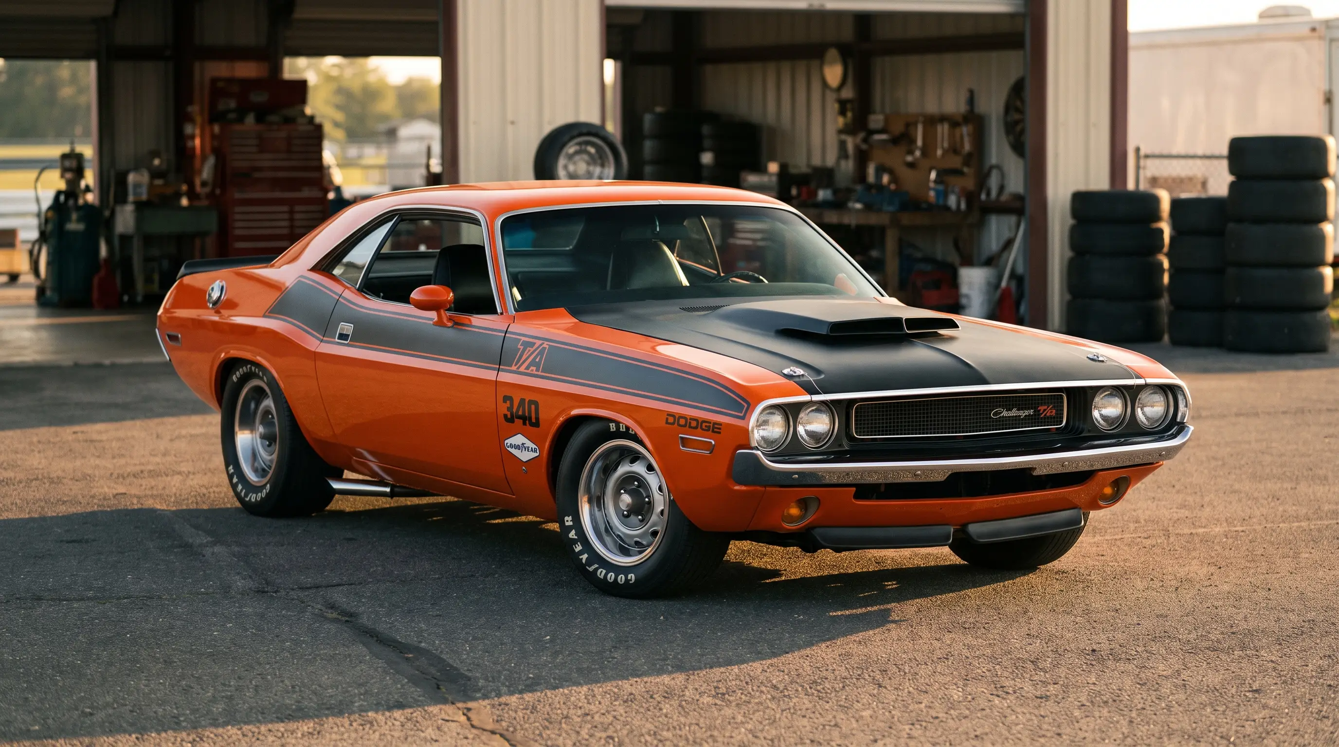 1970 Dodge Challenger T/A in Trans-Am racing livery at a paddock during golden hour