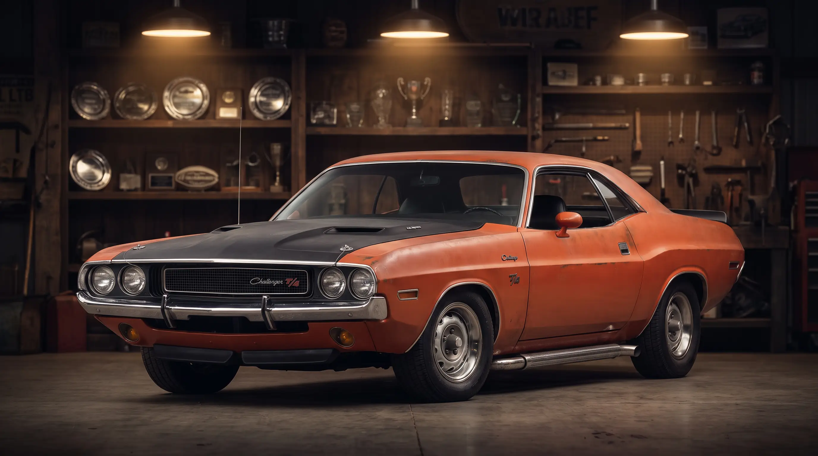1970 Dodge Challenger T/A with matte black hood parked in a dim classic car club garage