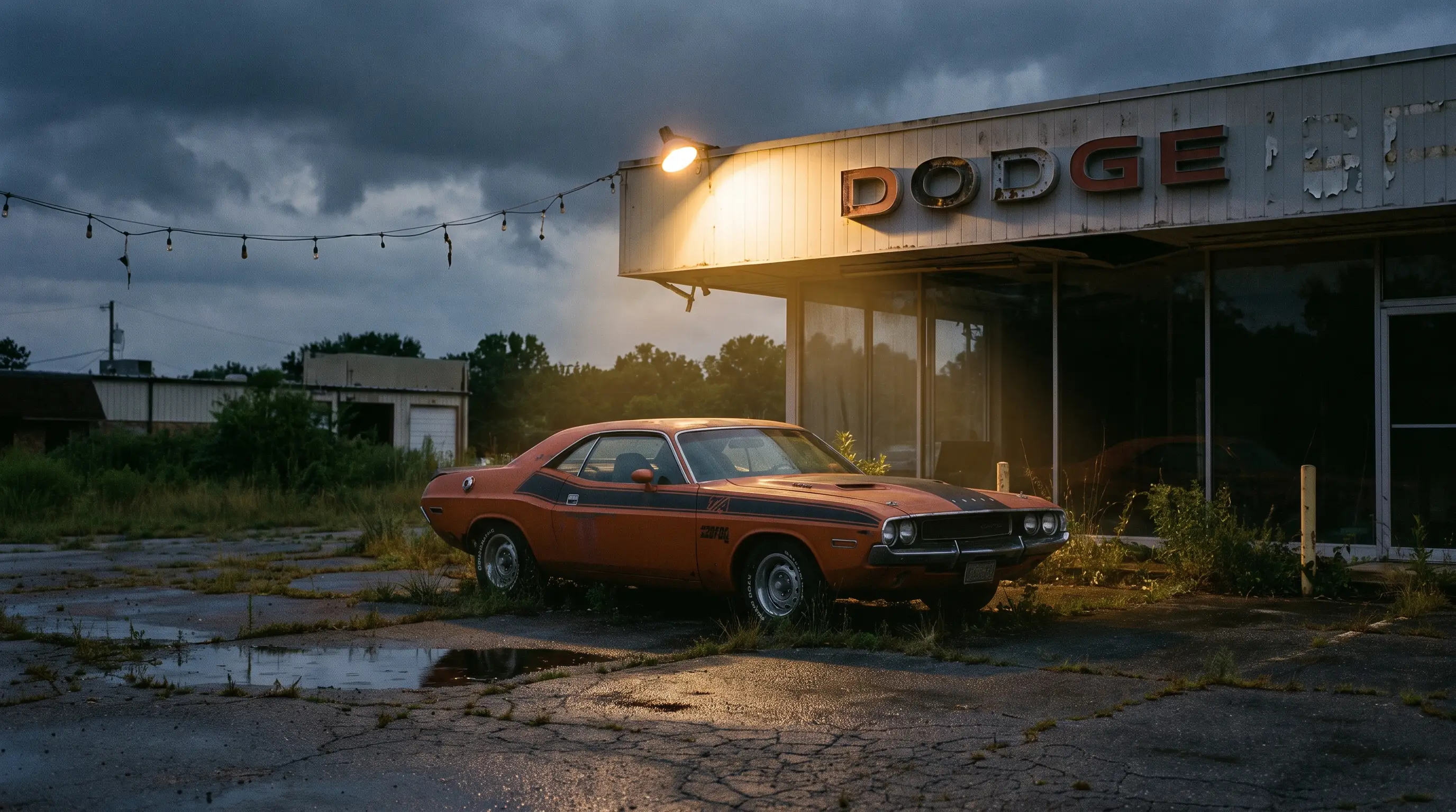 Lone Challenger T/A spotlighted in an empty dealership lot at dusk