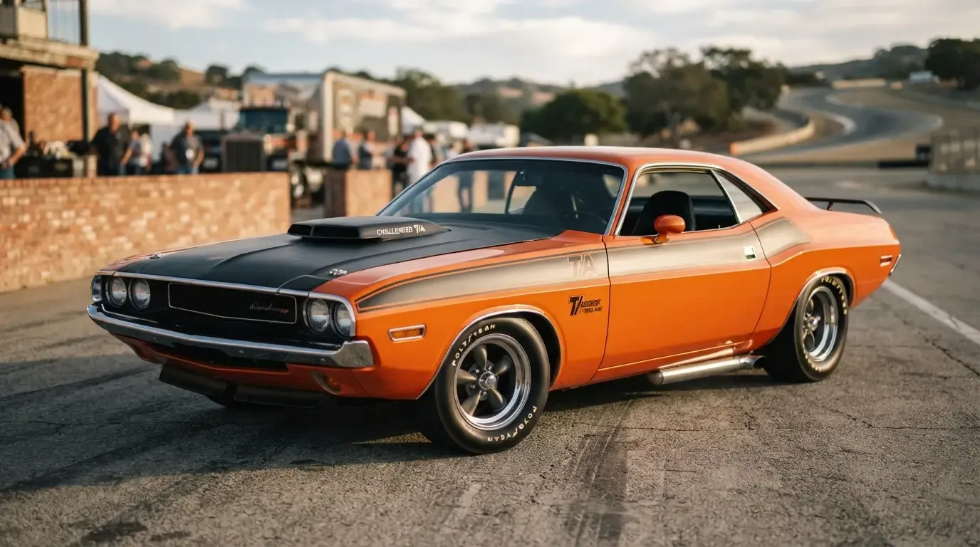 1970 Dodge Challenger T/A with matte black hood scoop, three-quarter front view