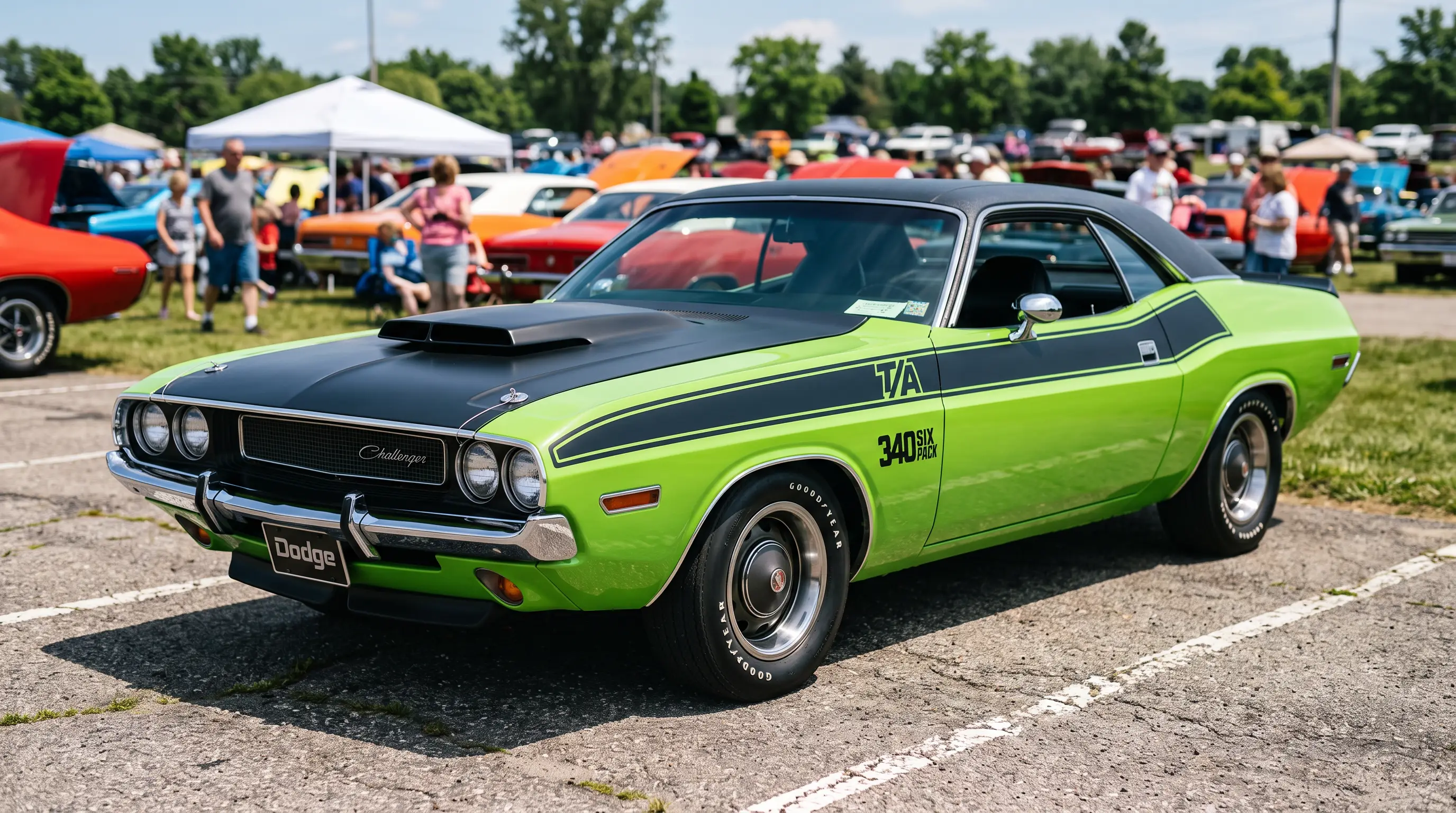 Green 1970 Challenger T/A with black strobe stripes and matte hood at a car show
