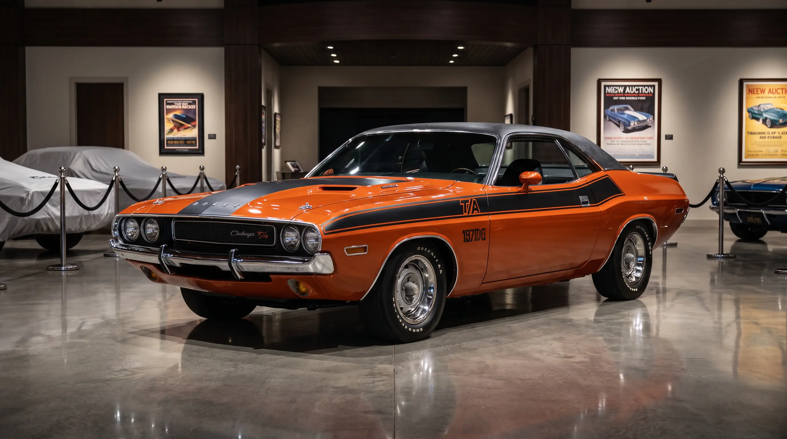 Restored Challenger T/A on polished floor at a collector car auction showroom