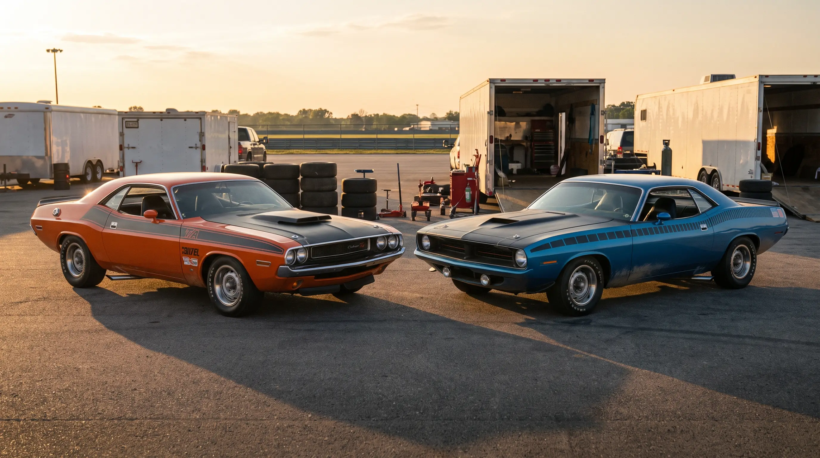 Orange Challenger T/A and blue Plymouth AAR Cuda parked nose to nose at a racetrack paddock