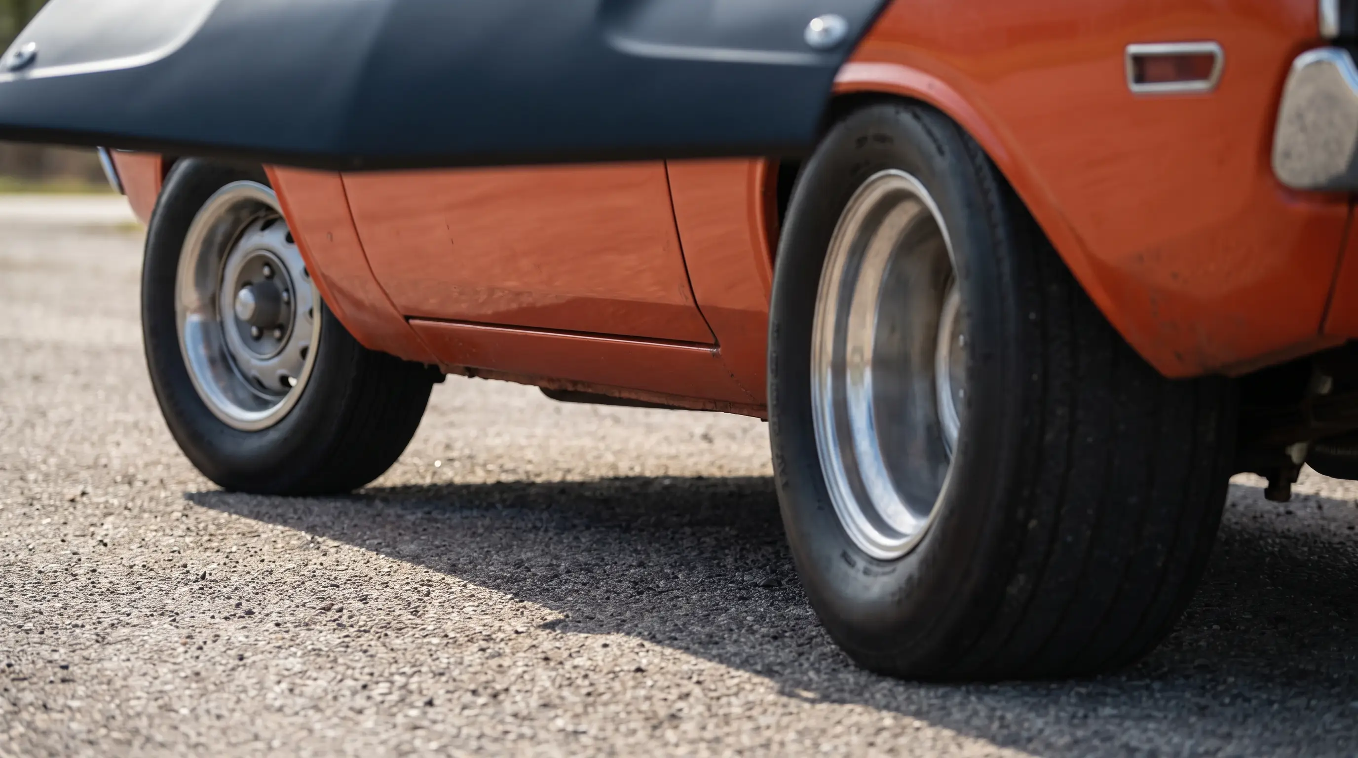 Close low angle shot of a Challenger T/A staggered Rallye wheels showing its forward rake stance