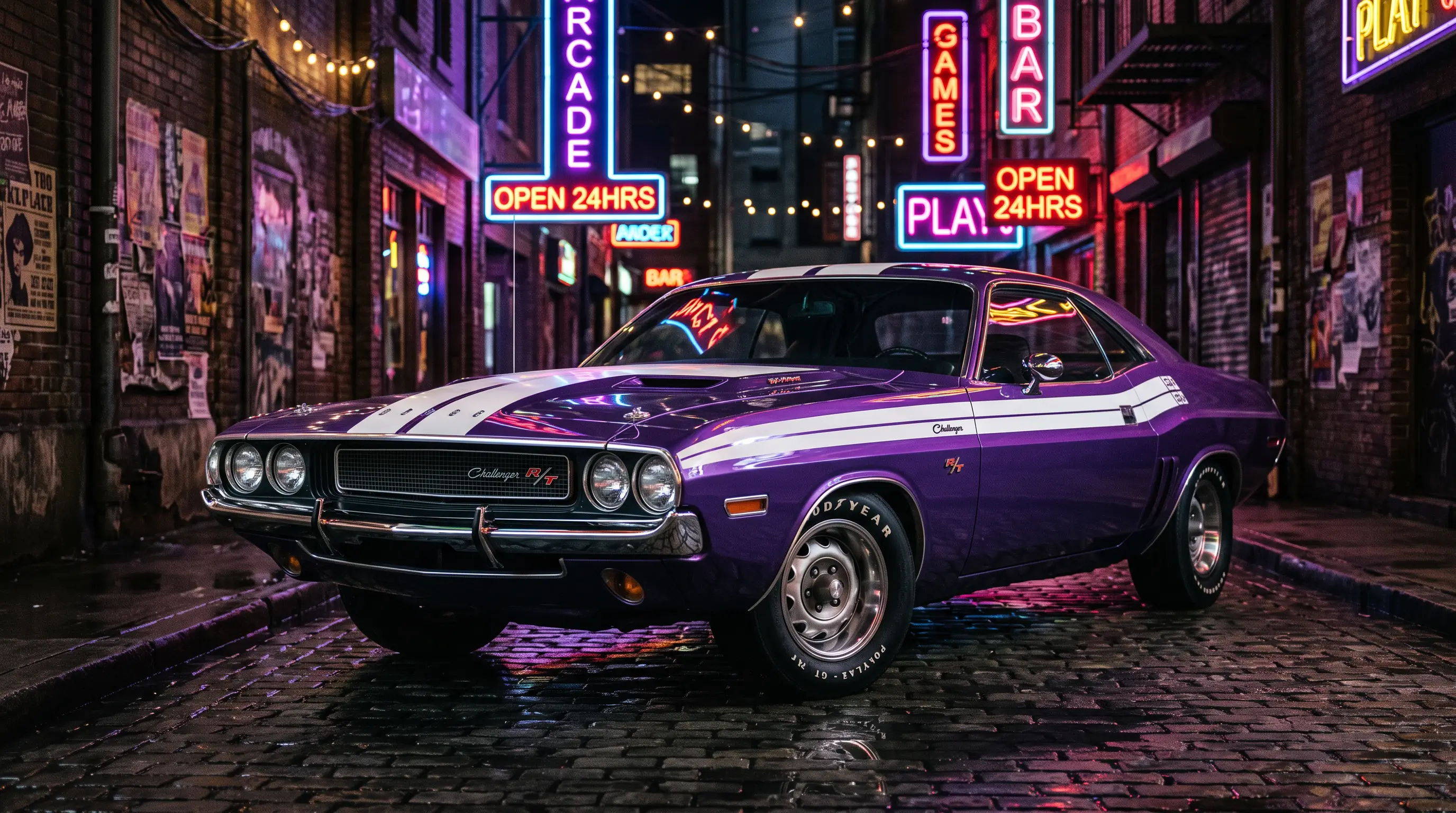 Purple 1970 Dodge Challenger R/T with white stripe in a neon lit alley