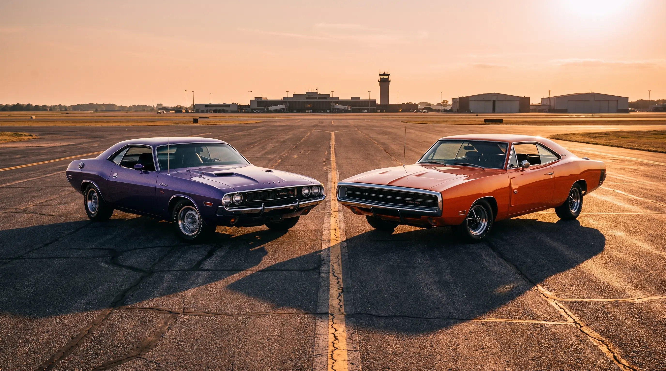 Purple 1970 Dodge Challenger and orange Charger side by side on a tarmac at golden hour
