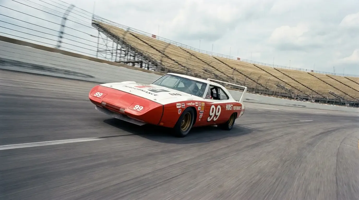 1969 Dodge Charger Daytona sweeping through the steep banking at Talladega
