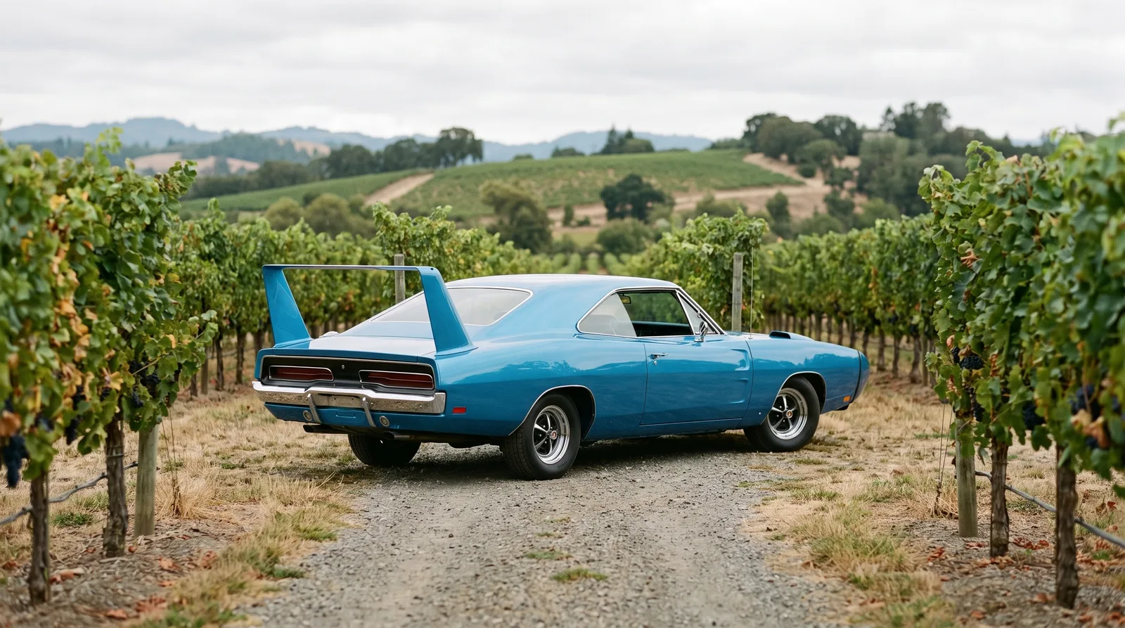 1969 Dodge Charger Daytona — blue winged car in a vineyard lane