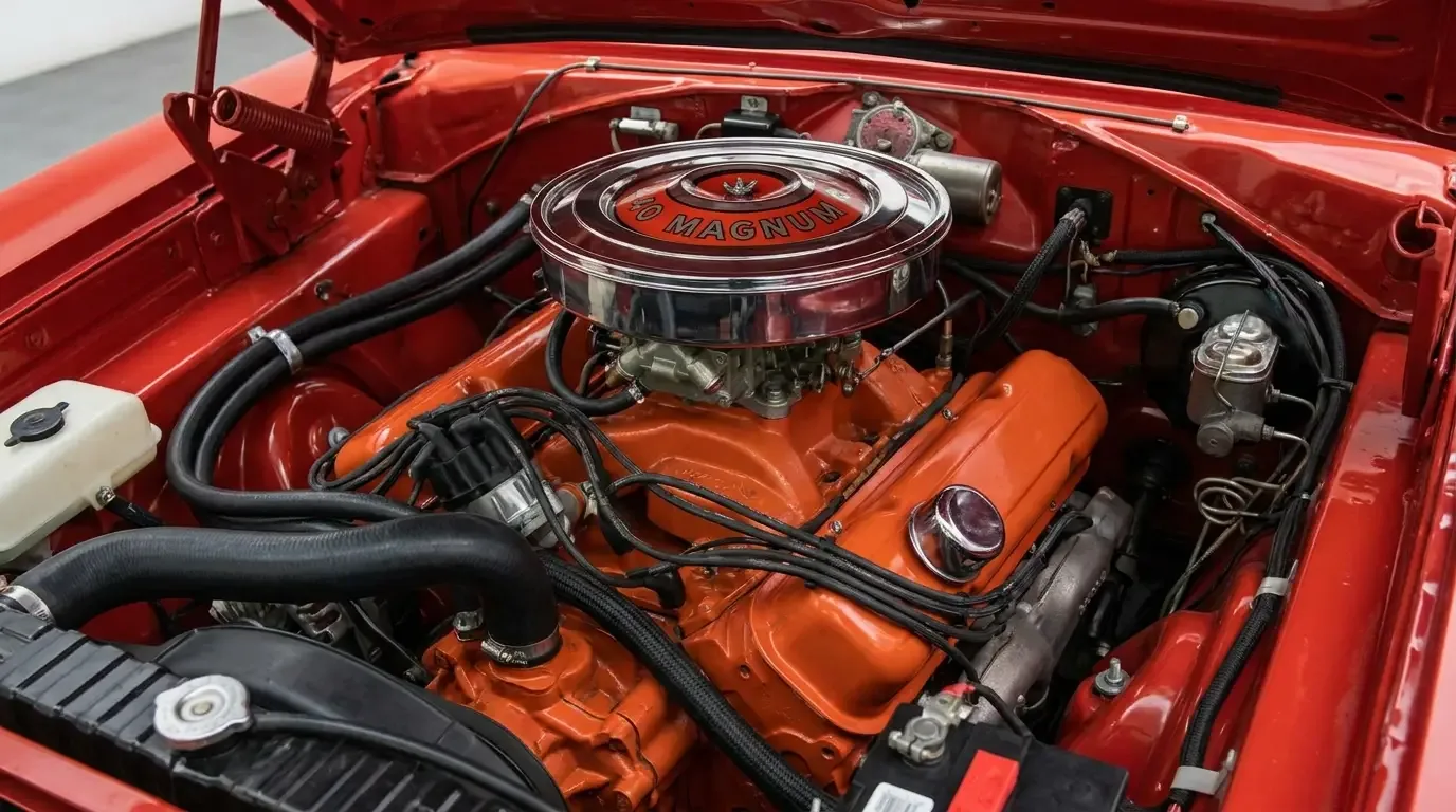1969 Dodge Charger Daytona 440 Magnum engine bay with single four-barrel carburetor