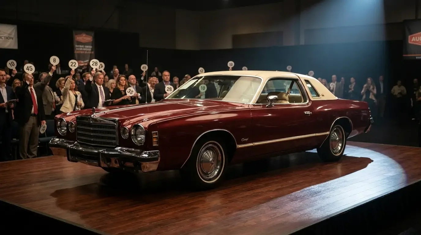1978 Dodge Charger SE on a collector-car auction stage under spotlight
