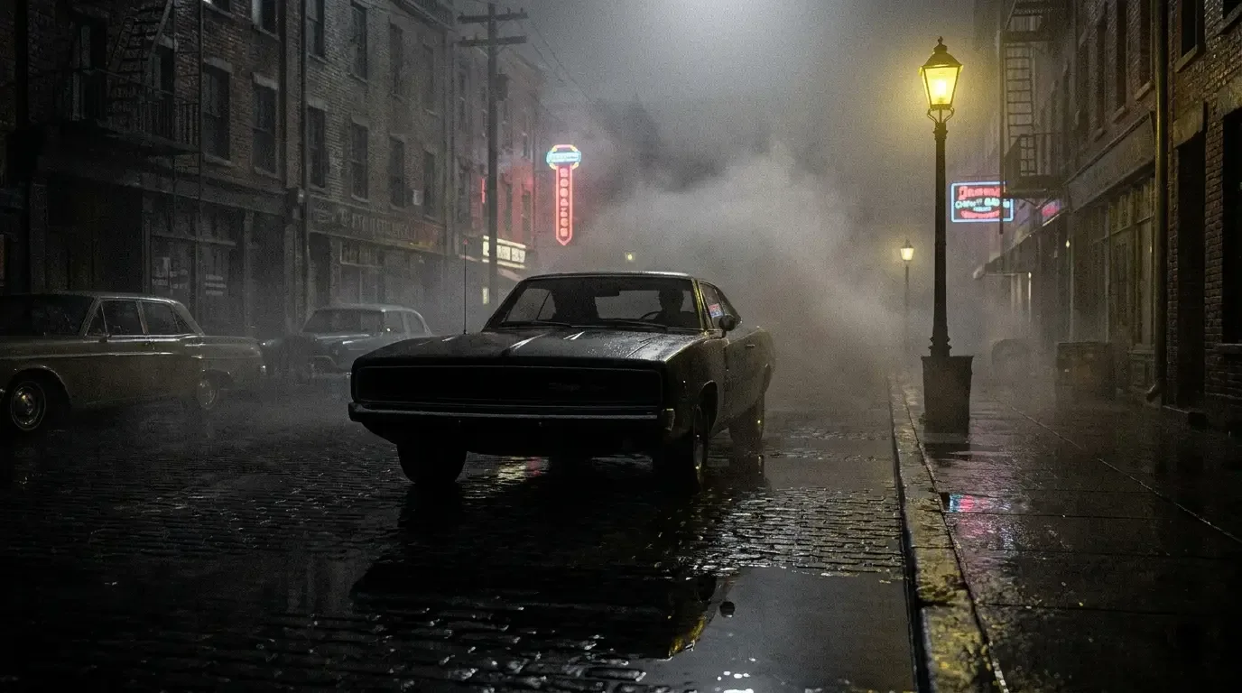 Dark 1968 Dodge Charger under a streetlight - Hollywood villain-car mood