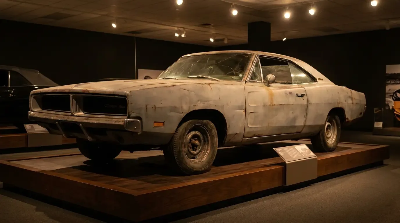 Weathered 1969 Dodge Charger with honest stunt wear displayed under museum spotlights