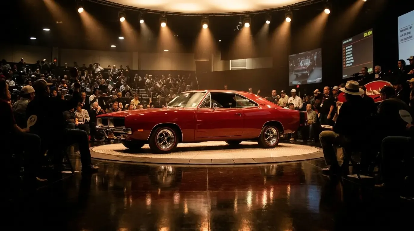 1969 Dodge Charger on a collector-car auction stage under spotlights