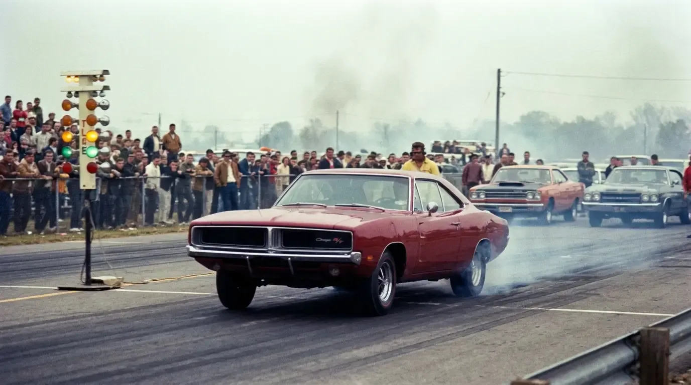 1969 Dodge Charger R/T launching at a vintage drag strip