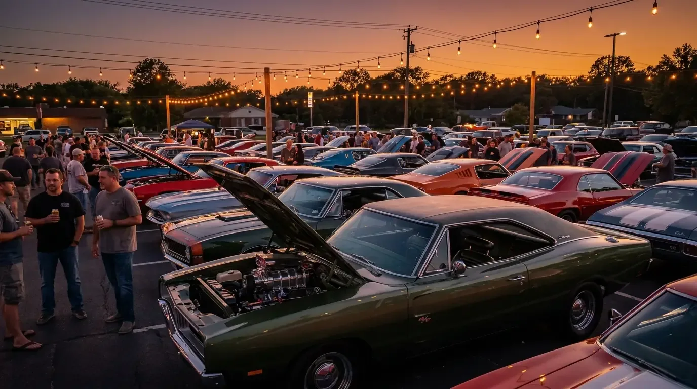 1969 Dodge Charger R/T at an evening muscle-car cruise-in