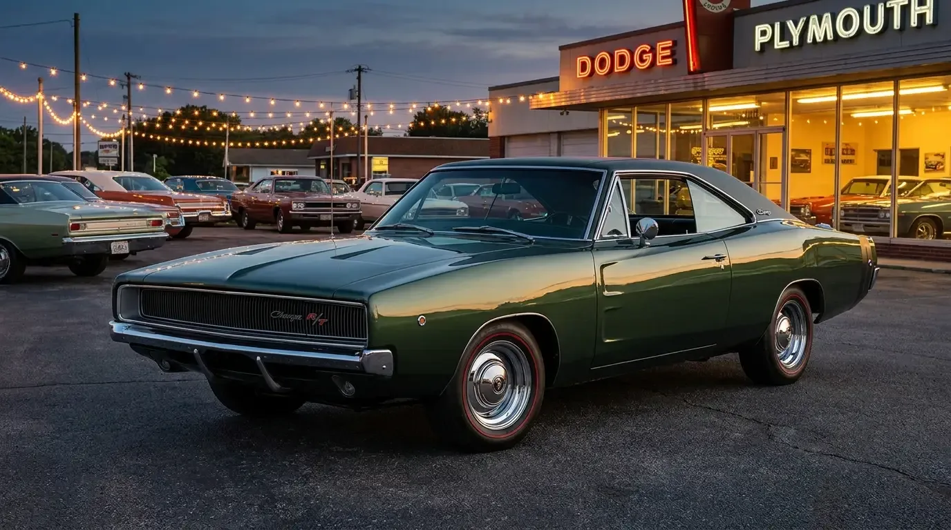 1968 Dodge Charger R/T - green dealership lot at dusk