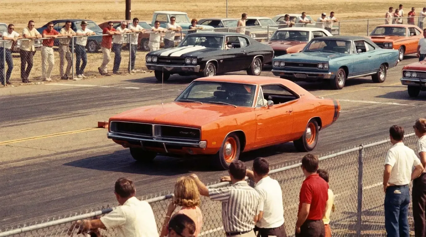 1969 Dodge Charger R/T — staged at a period drag strip