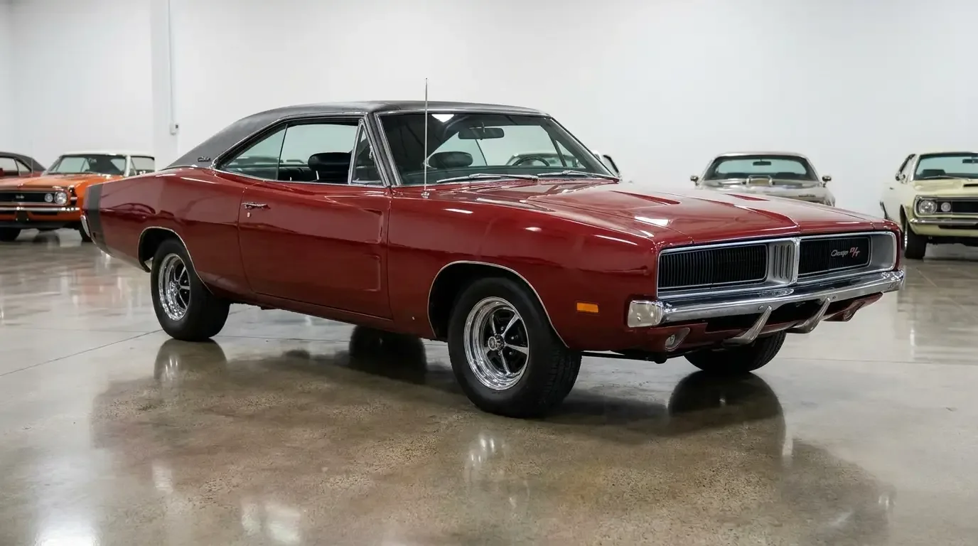 1969 Dodge Charger R/T — coke-bottle body in a collector showroom