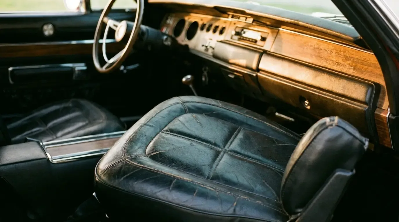 1970 Dodge Charger R/T SE leather seat stitching and wood grain trim