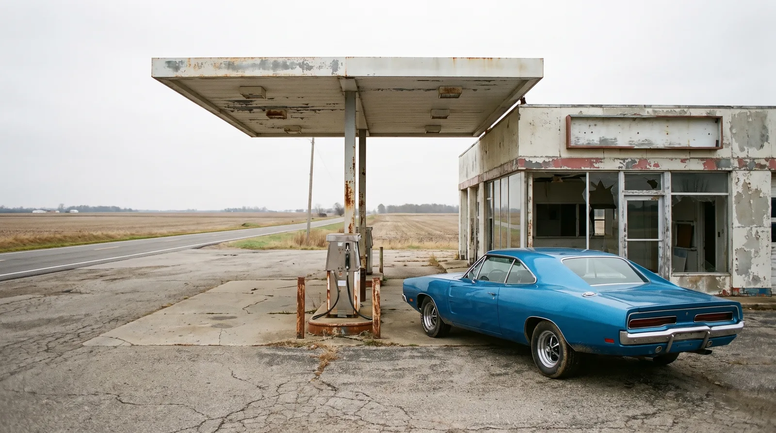 1969 Dodge Charger R/T — beside an abandoned gas station on an overcast day