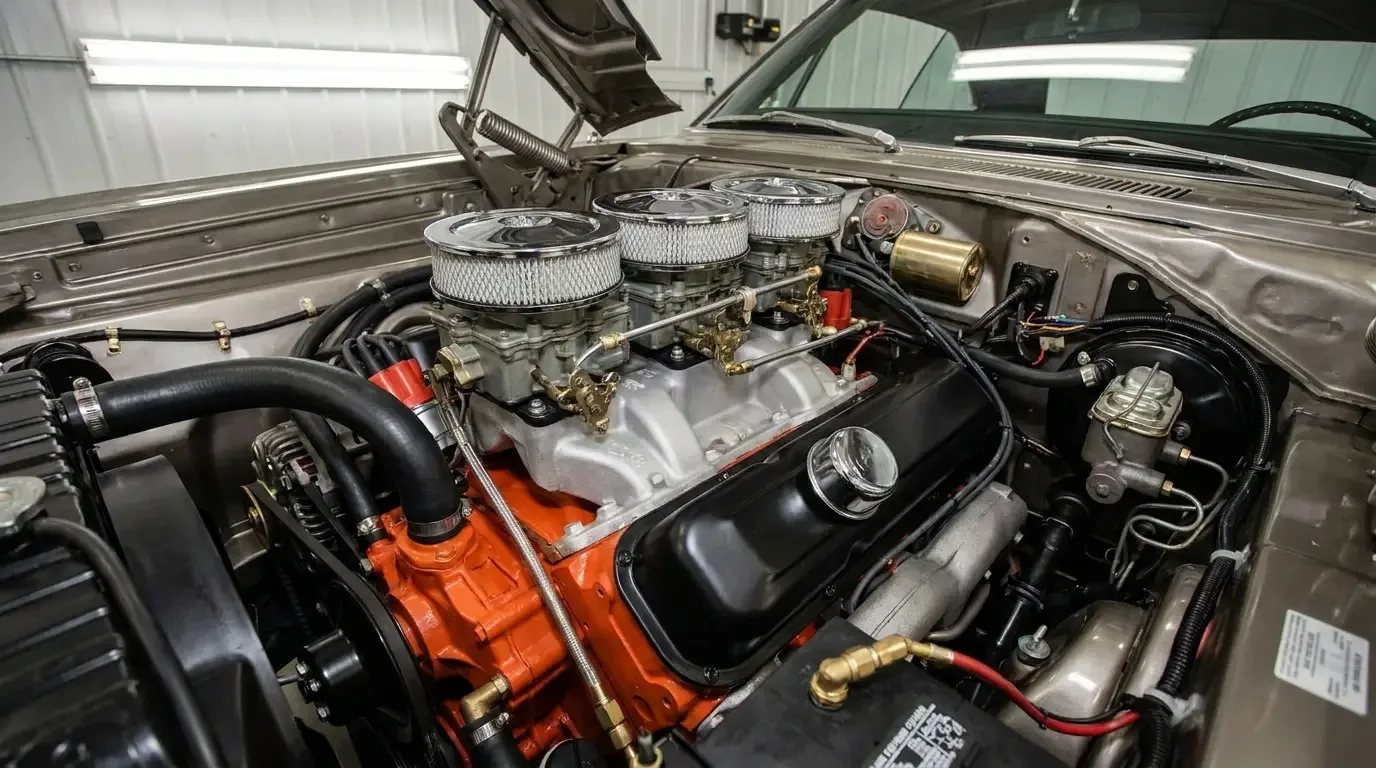 440 Six Pack big-block V8 with triple two-barrel carburetors in a Mopar engine bay