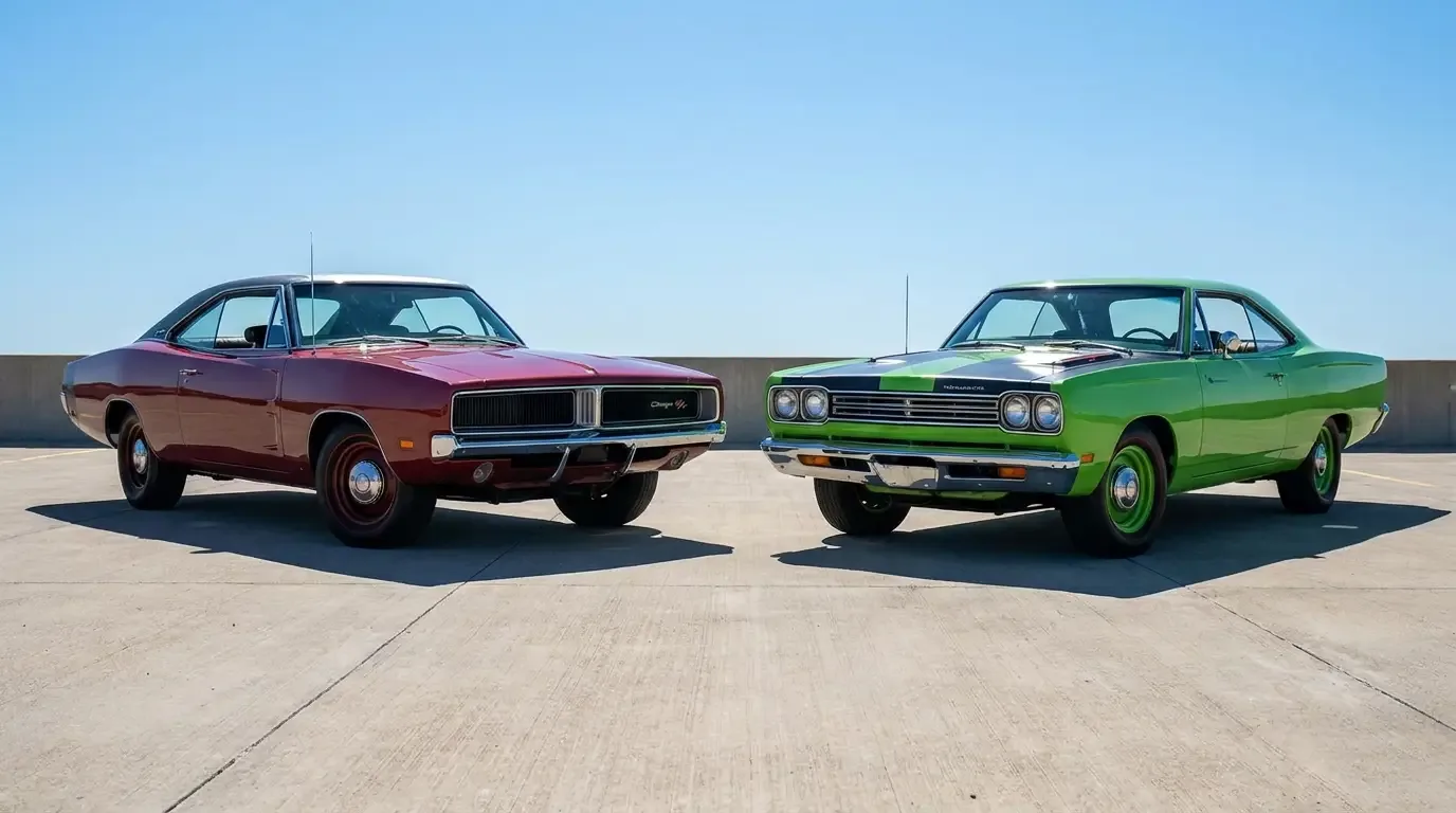 1969 Dodge Charger R/T beside a 1969 Plymouth Road Runner - Mopar B-body rivals