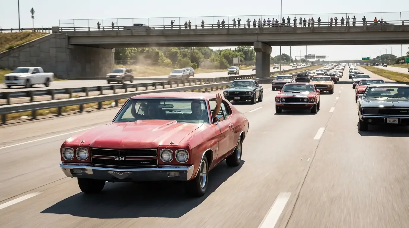 Chevelle SS driving on the interstate in a Power Tour convoy