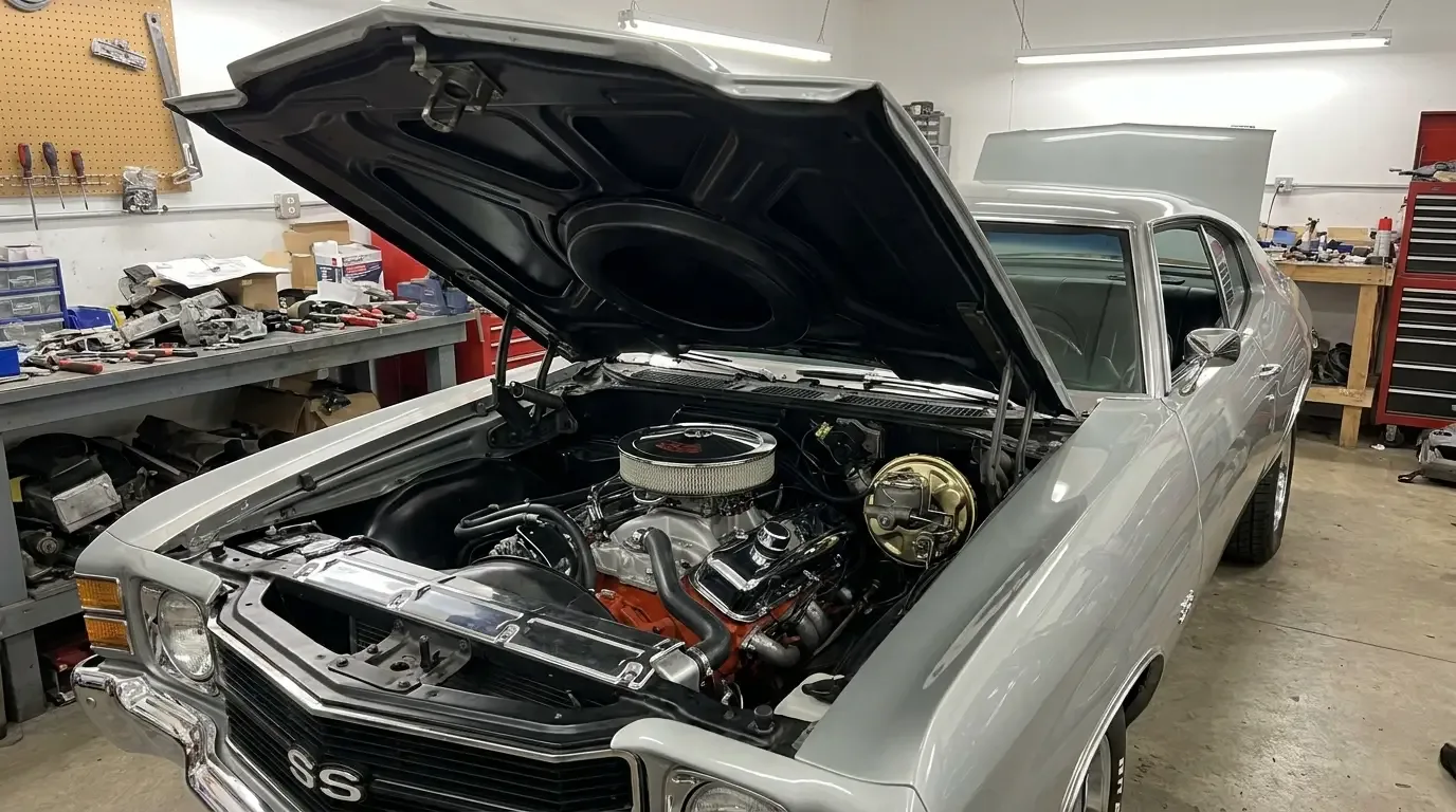 1971 Chevrolet Chevelle SS454 — cowl induction hood engine bay