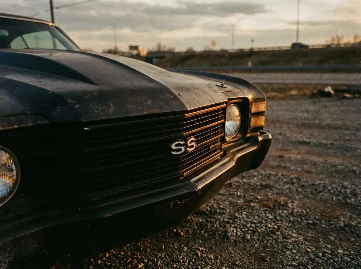 1972 Chevelle SS grille and hood in dramatic album-cover style lighting