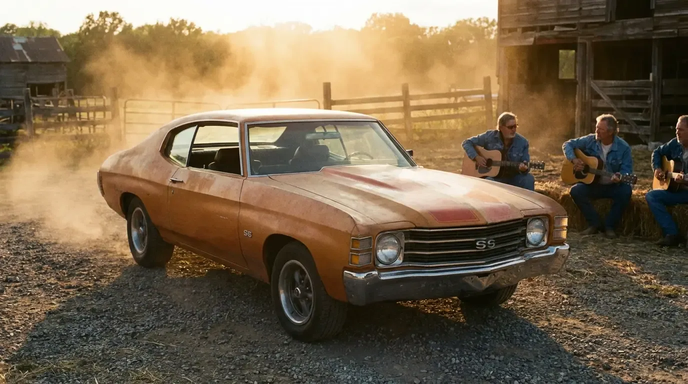 1972 Chevrolet Chevelle SS — golden hour album cover style