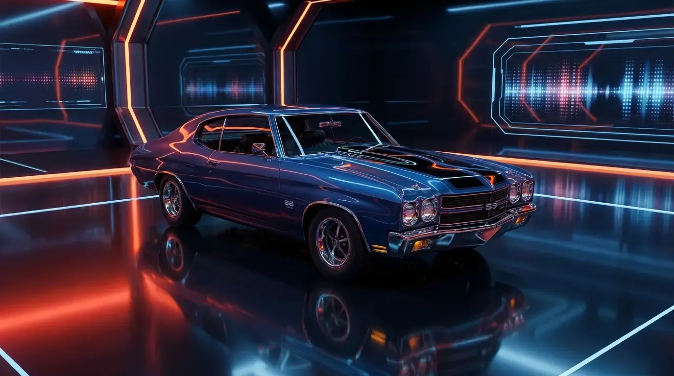 1970 Chevrolet Chevelle SS454 shown in a dramatic studio garage setting styled like a racing video game showcase