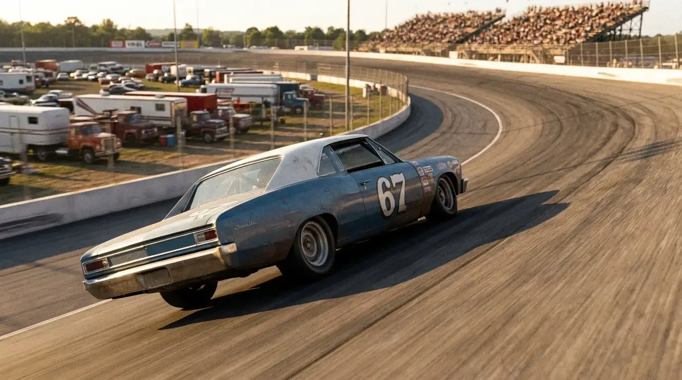 1967 Chevrolet Chevelle stock car racing on the Daytona high-banked oval