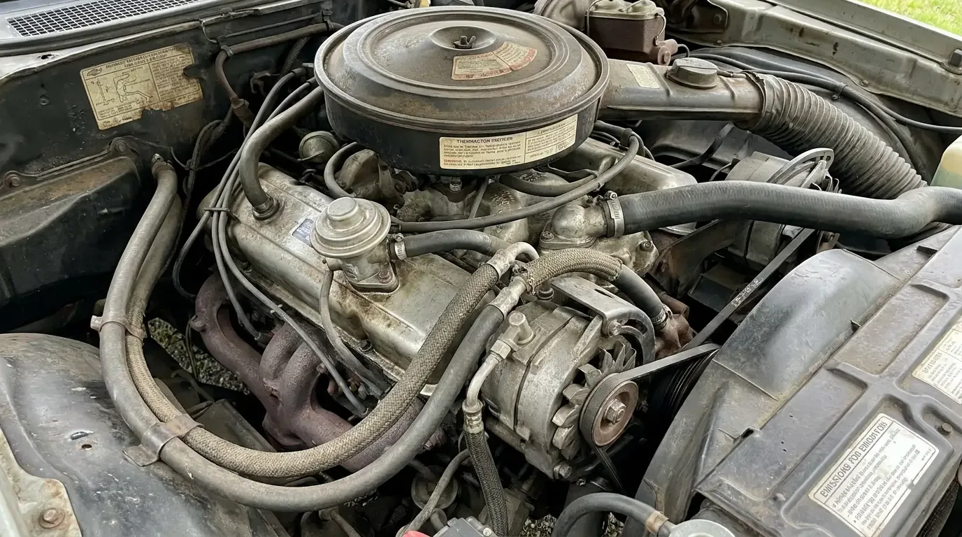 Mid-1970s Chevelle 454 engine bay with emissions hardware